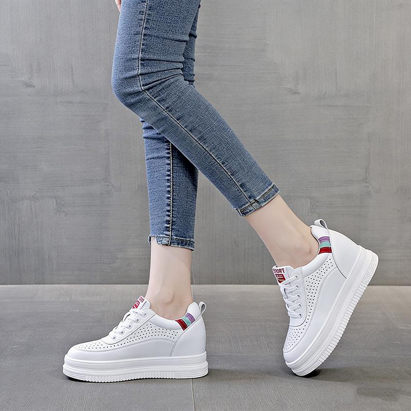 2026 Spring Summer Women's White Platform Sneakers Genuine Leather Wedge Hidden Heel 7cm Casual Walking Shoes Breathable