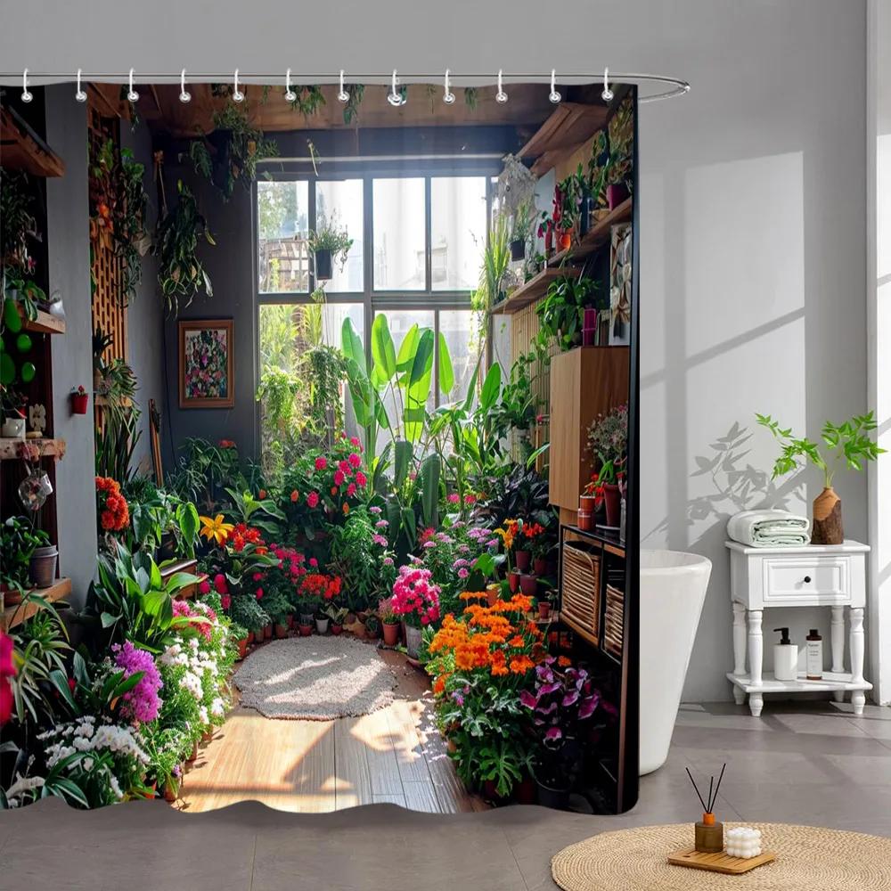 Outdoor Garden Poster Shower Curtain Vintage Window Wall Growing Floral Plants Polyester Fabric Shower Curta Bathroom Decor