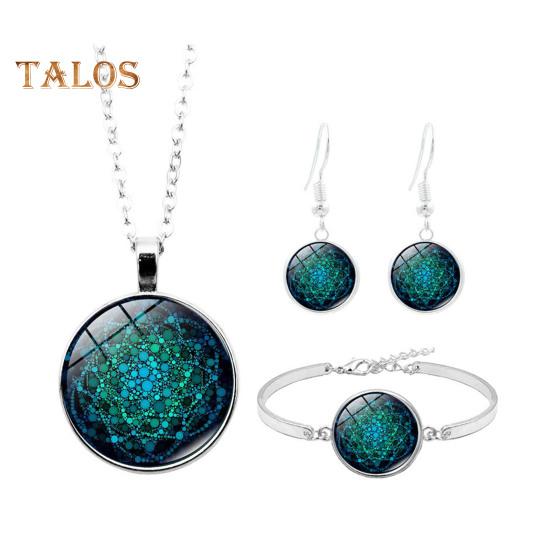 1 Set Women Jewelry Set Flower Print Glass Pendant Vintage Ethnic Style Prom Party Earrings Necklace Bracelet Combo Ideal Christmas Gift