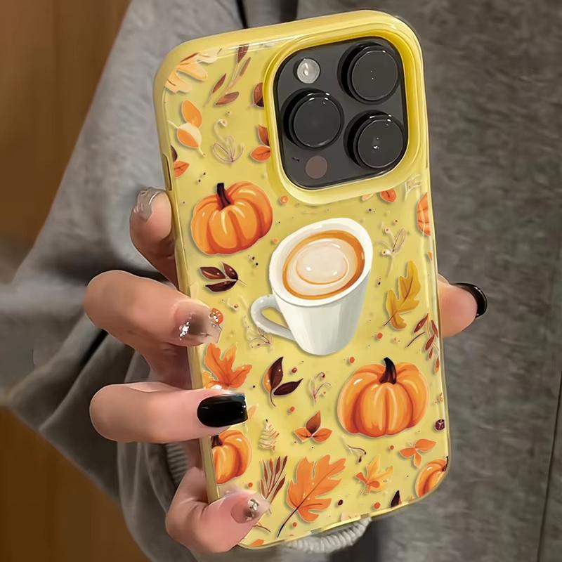 Pumpkin Autumn Leaves Coffee Pattern Phone Case For iPhone 16 Pro Max 17 Air 15 Plus 14 13 12 11 Folds Texture Soft Back Cover
