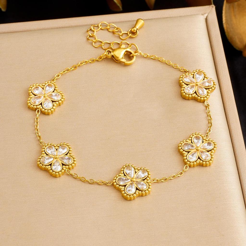 Gold-Plated Rhinestone Glass Flower Jewelry Set with Color Accents