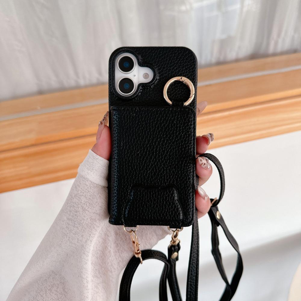 

Кожаный чехол-подставка с кольцом через плечо для iPhone 13 12 Mini 16 15 Plus 14 11 Pro Max, зеркальный кошелек с чехлом для карт For iPhone 16 Plus