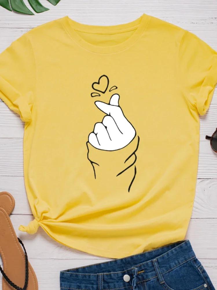 Finger Heart Print Women T Shirt Short Sleeve O Neck Loose Women Tshirt Ladies Fashion Tee Shirt Tops Clothes Camisetas Mujer