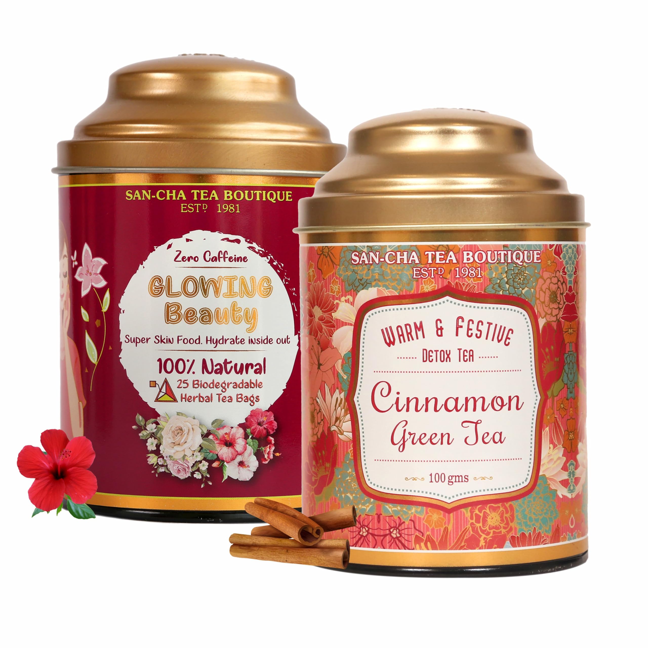 Sancha Tea Boutique, Glowing Beauty (25 Pyramid Bags) & Cinnamon Green (100g), Herbal & Spiced Blend, Floral Wellness & Refreshing Digestive Drink