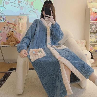 Plush V-Neck Cardigan Nightdress Pajamas for Plus Size Women - Warm Coral Fleece Homewear for Autumn and Winter