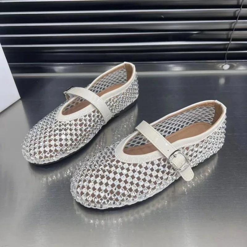 Fashion 2025 New Women Sandals Designer Mesh Mary Jane Shoes Ladies Luxury Crystal Rhinestone Fishnet Flat Shoes Women Plus Size Loafers