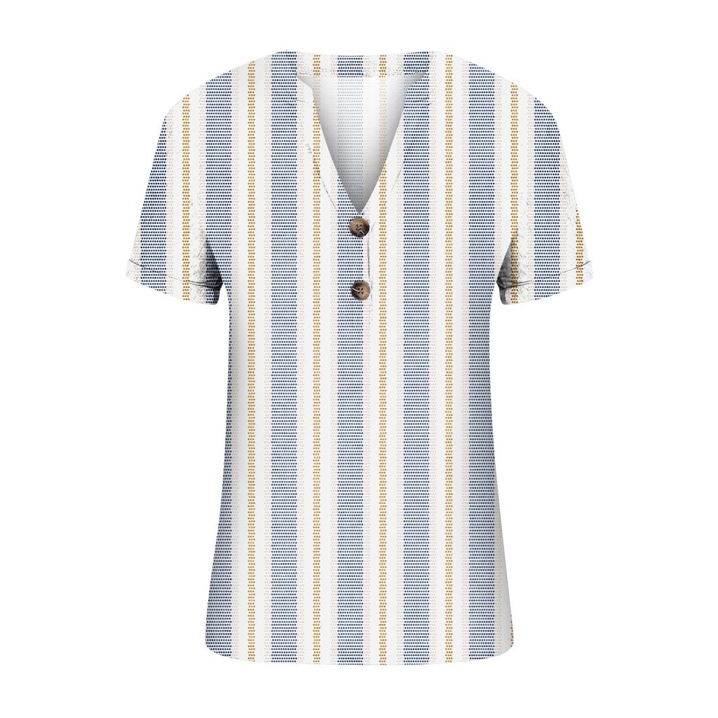 Fashion Womens Loose Summer Printing V Neck Button Button Short Sleeve Casual Tops