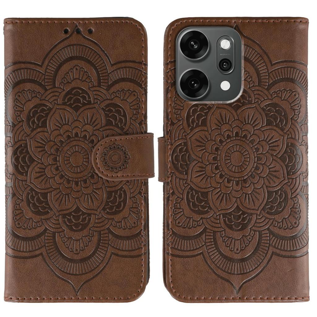 For Oppo Reno14 Pro 5G (Global) Case PU Leather Mandala Imprinted Design Wallet Phone Cover with Wrist Strap