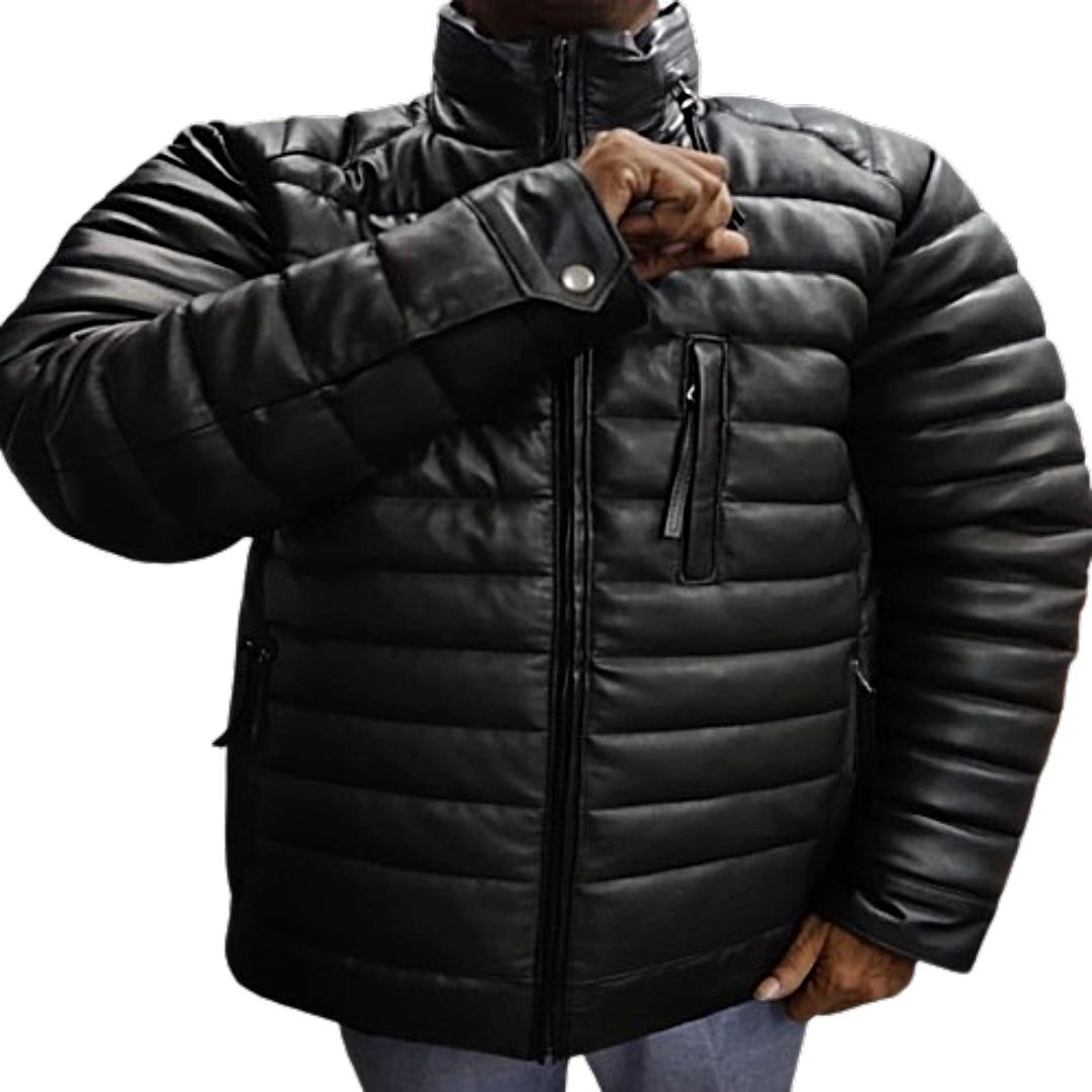 Мужская куртка-пуховик - высококачественная черная кожа ягненка — фото 5