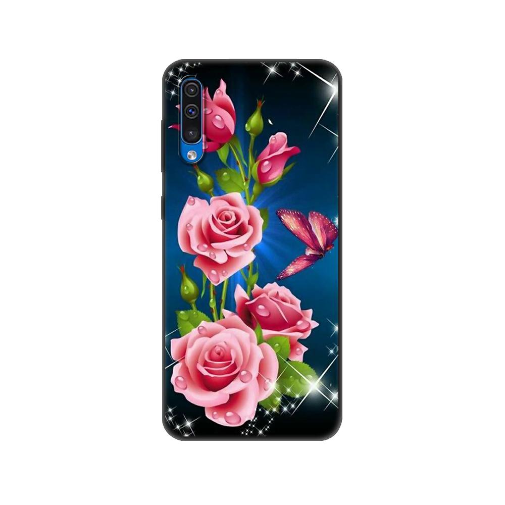 Černé TPU pouzdro pro Samsung Galaxy A50 50S A30S A10 A01 A11 A21S A31 A41 A51 A71 M21 M30S S10 LITE Červený motýl na květu růže