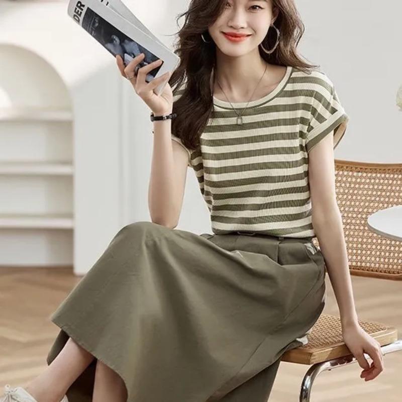 Women s All Match Short Sleeve T Shirt And Midi Skirt Set S зелёный