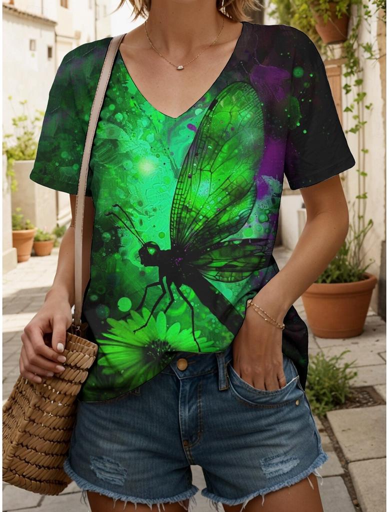 Damen T-Shirt Grafik Tier Vintage Stilvoll Klassisch Kurzarm V-Ausschnitt Regulär Oberteile Täglicher Druck Damenkleidung Oberteile für Damen