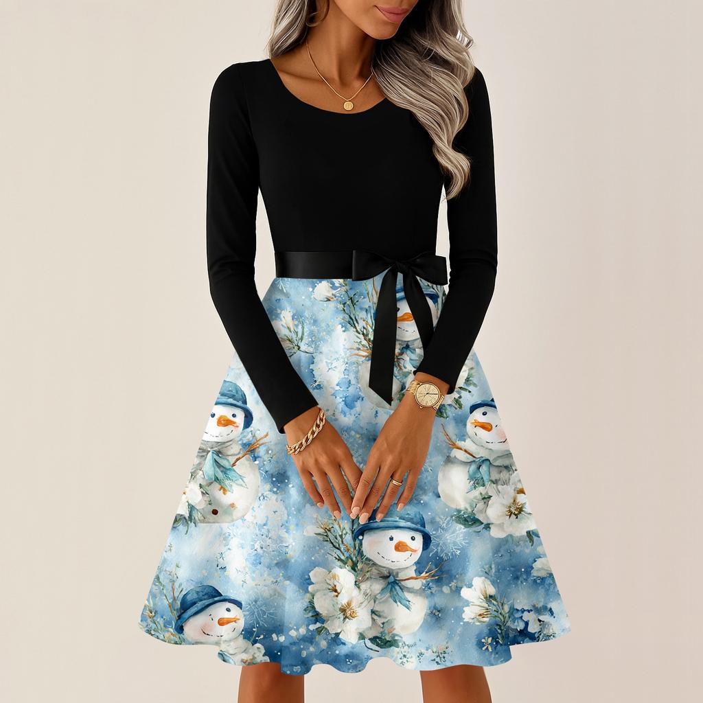 Dame Casual Mote Rund Hals Langermet Juleprintet Selskap Vintage Lange Kjoler