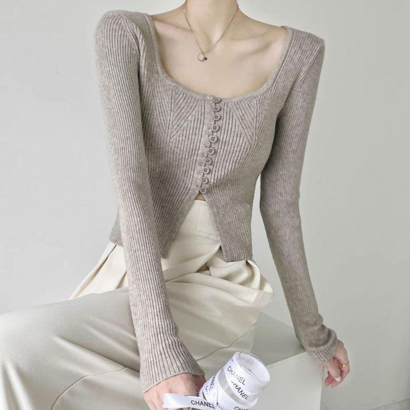 Japanese Retro Gentle Style Slim Fit Short Knit Top Inner Collarbone Exposing Sweater Women's Long Sleeve Base Layer