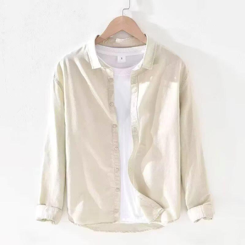 Men's Long Sleeve Casual Cotton and Linen Shirt - Thin Style, Loose Fit, White for Spring and Autumn