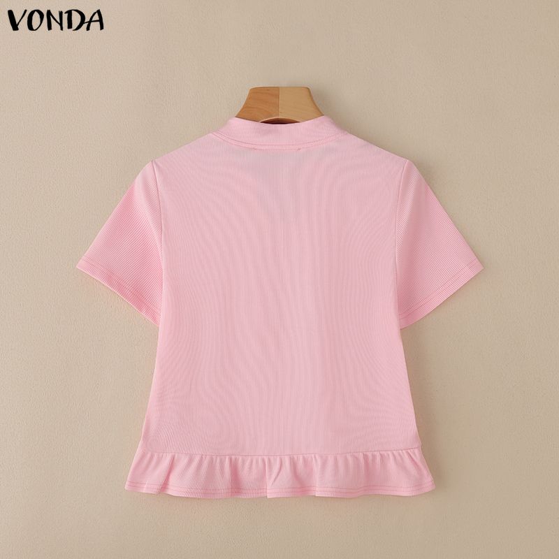 VONDA Women Stand Neck Short Sleeve Bow Knot Rib Casual Cropped Blouse Tops
