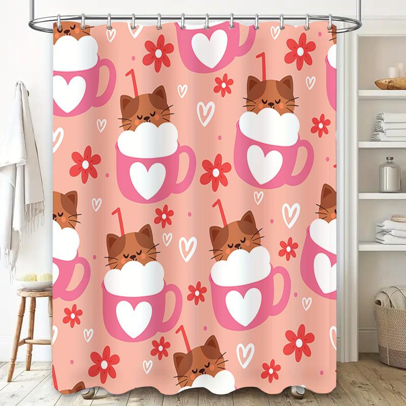 Pink Cup Cat Shower Curtain Cute Animal Print Decorative Bathroom Liner Set for Home Decoration Accessories (180 x 180cm) Free S