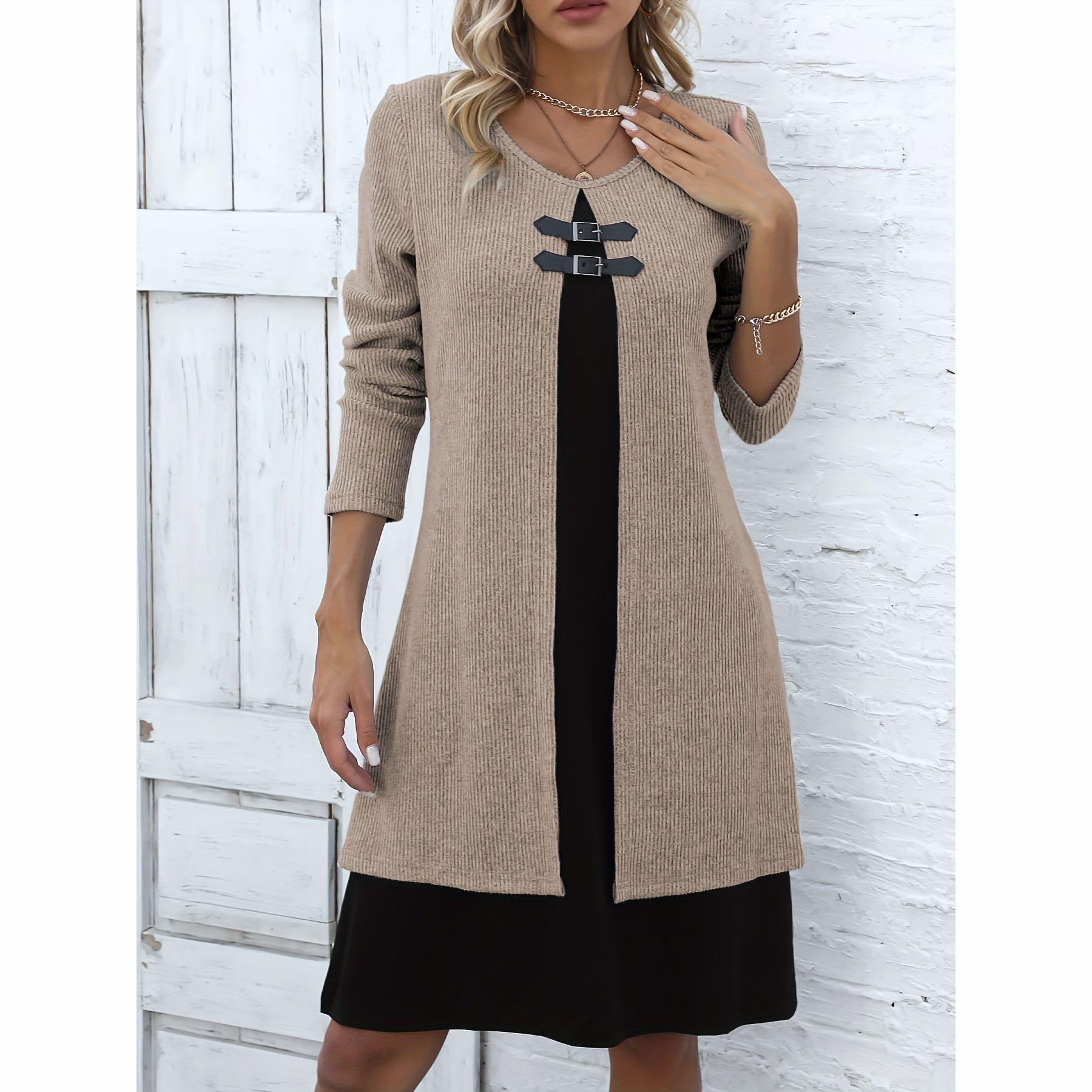 

Весеннее женское платье из двух частей, А-силуэт, длинный рукав, свободный подол, круглый вырез, пряжка, украшение, трикотажное платье-миди мягкого цвета длиной до колена XXXL хаки