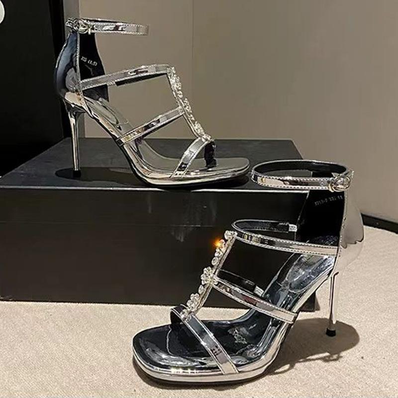 2025 Summer New French Fairy Style Sandals Female Open-toed Rhinestone One-word Buckle Strap Thick Heel Temperament High Heels Female