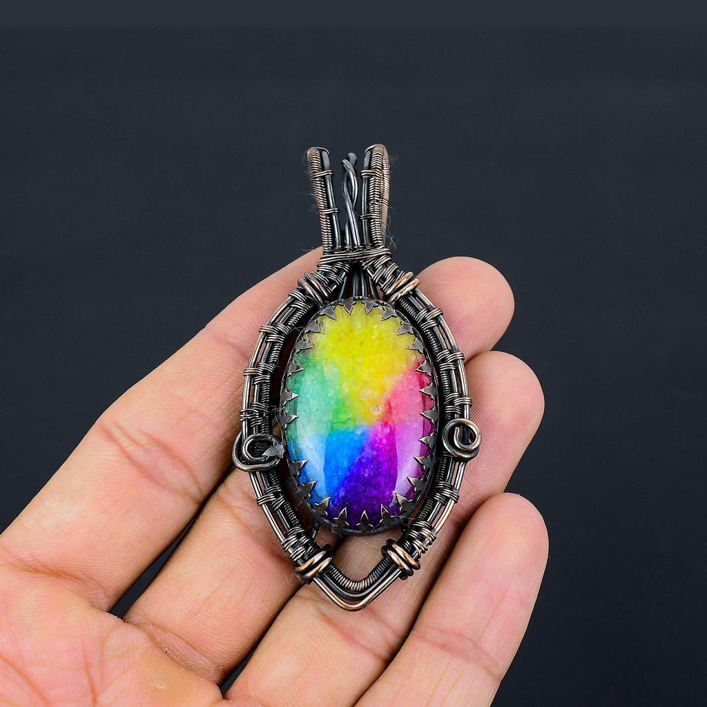 Rainbow Solar Quartz Gemstone Pure Copper Wire Wrapped Handmade Pendant Jewelry