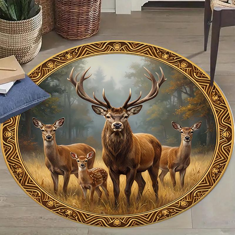 Deers Round Area Rug,Carpet Rug for Living Room Bedroom Sofa Playroom Decor,Non-slip Floor Mat