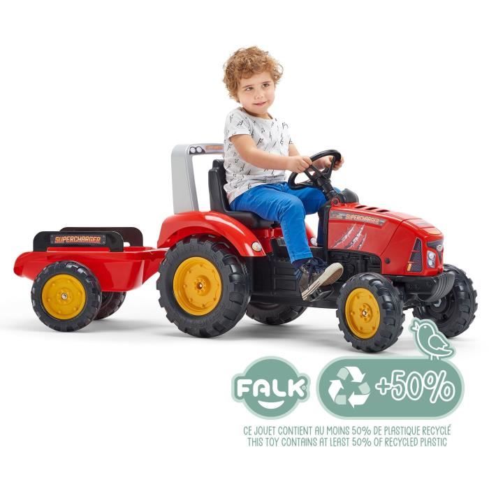 Tracteur à pédales Supercharger - FALK - Volant directionnel et remorque - Fabriqué en France - 60% de plastique recyclé - Dès 3 ans