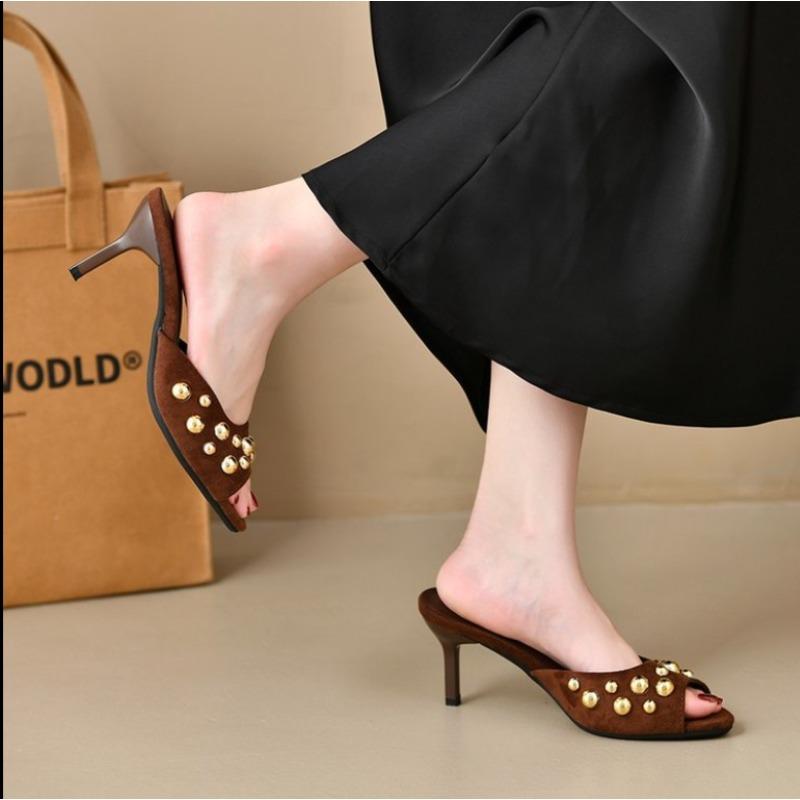 Mode 2025Markenstruktur Damen High Heels Nieten Spitz Offene Zehen Sexy Und Elegant Wildleder Stiletto Design Slipper Große Größe Sandalen