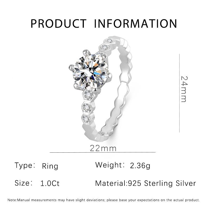 Moissanite Elegant Honeycomb 1 Carat Six-Prong Wedding Ring in S925 Sterling Silver Size 5