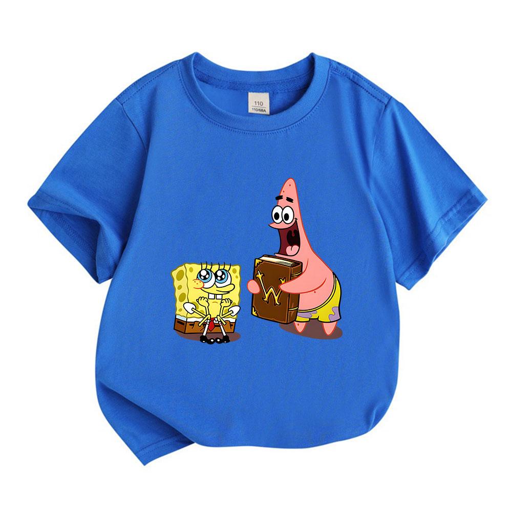 Kids Boys Girls 100% Cotton Crew Neck Short Sleeve T-Shirt, Cute Cartoon Sponge Star Character Print Casual Soft Breathable Tee for Children Daily Wea
