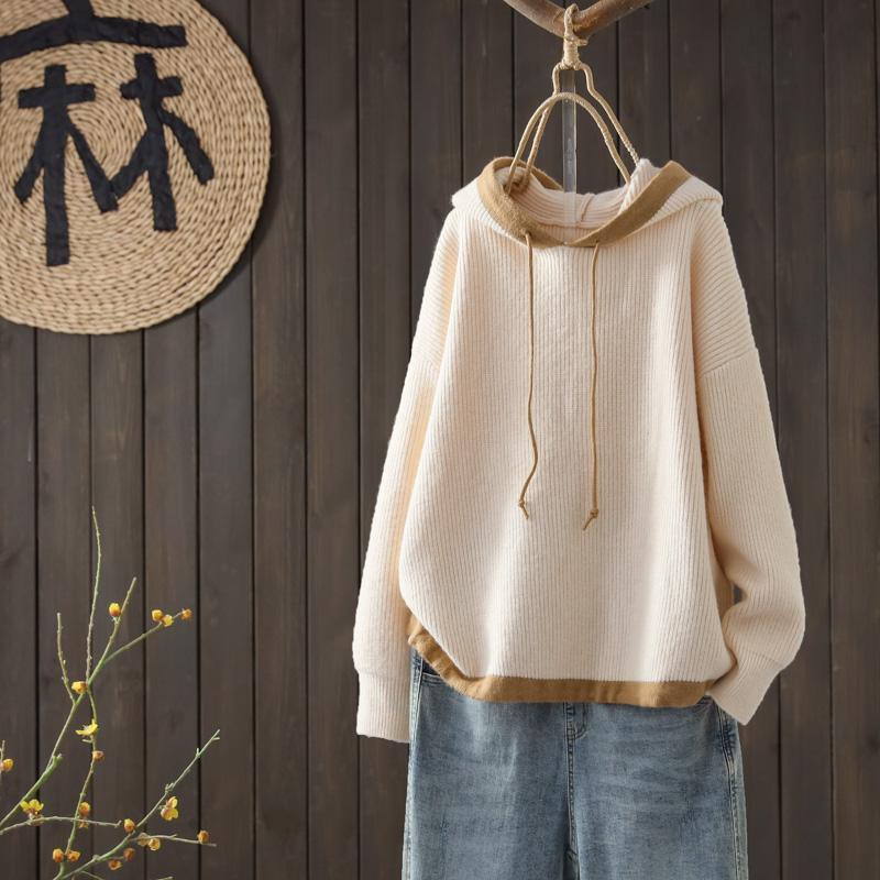 Autumn Winter Hooded Contrast Color Drawstring Long Sleeve Casual Sweater Women's Pullover Fashion Loose Knitted Bottom Tops