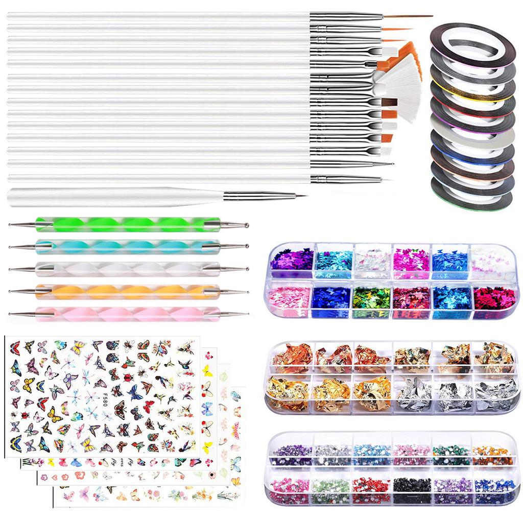 Nail Art Decorations Kit Complete Nail Brush Rhinestone Kit with Stickers Dotting Pen Foil Flakes Gold Silver Thread