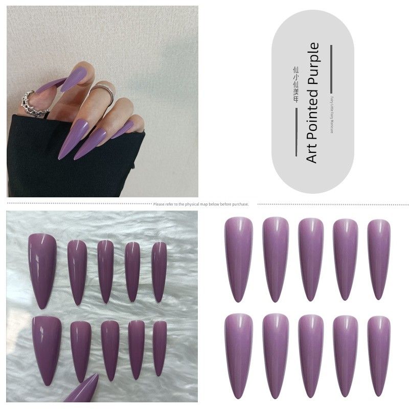 

Taro Fog Purple Long Pointed Wear Nail Simple European and American Style Sexy Hand Fake Nail Tip Finished Product Extended Nail Stickers 242-Art Pointed Purple