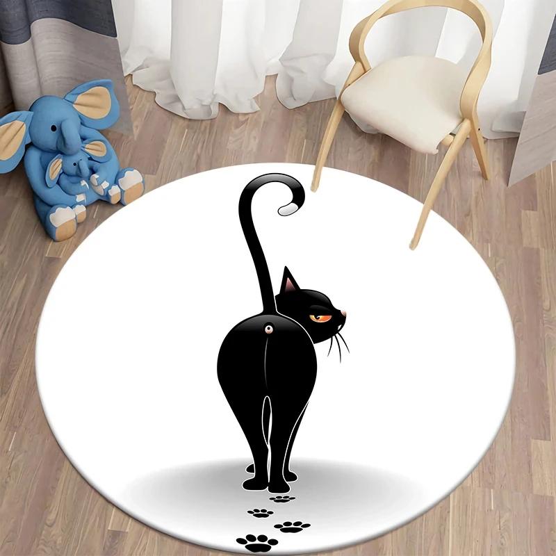 Black Cat Round Carpet Kawaii Cartoon Animal Print Rug for Living Room Bedroom Chair Decor Comfort Yoga Mat Non Slip Floor Mats