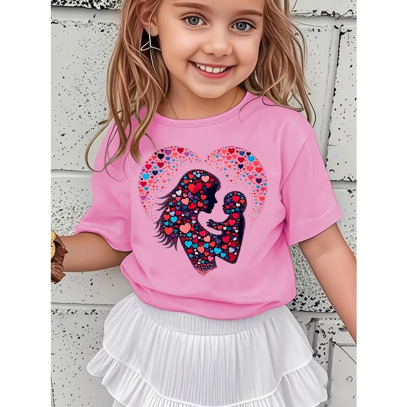European Size Girls Heart Print Mother and Child T-Shirt Fashionable Versatile and Comfortable