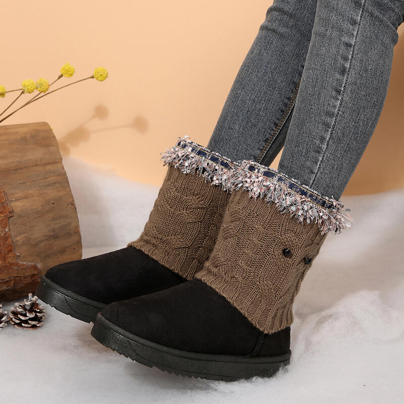 Fashion Fashion Knitted Tassel Snow Boots Women 2025 Winter Comfort Flat Heel Fur Ankle Boots For Woman Short Plush Non Slip Furry Shoes