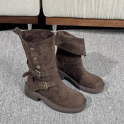 Skinny Matte Stack Short Boots Women's 2025 New Soft Belt Buckle Western Cowboy Boots Small Thick-soled Locomotive Boots