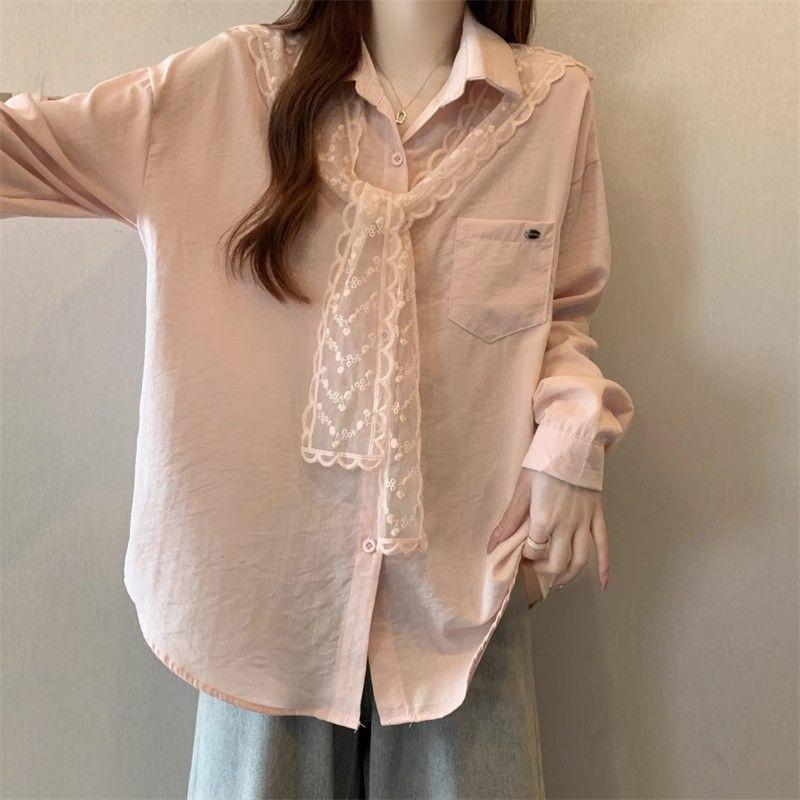 

Белая рубашка женская весна и осень новый дизайн с кружевным топом XXL розовый