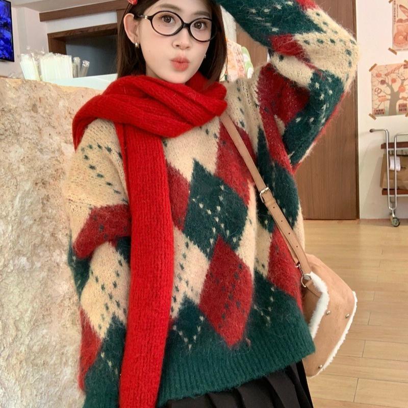 Autumn and Winter Vintage Print Pullovers Christmas Sweaters Women Fashion Loose O Neck Knitted Sweater Women Elegant Warm Casual Ladies Jumpers 25509