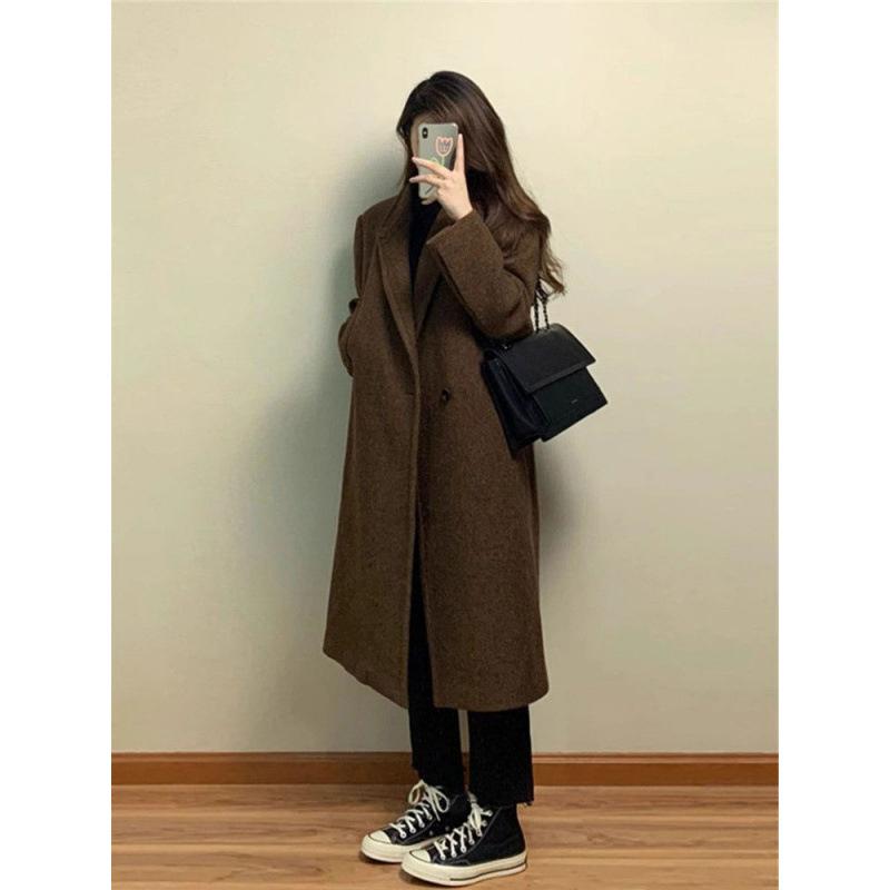 Coffee Colored Herringbone Patterned Woolen Coat Women Autumn Winter Loose Jacket