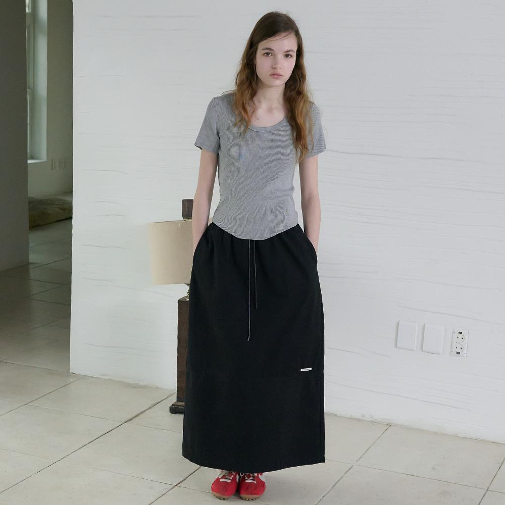 Elssibeui Drawstring Maxi Long Skirt_Black