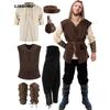 6 Pcs Men's Halloween Renaissance Costume Set Medieval Vest Shirt Ankle Banded Pants Viking Belt Armband Pouch