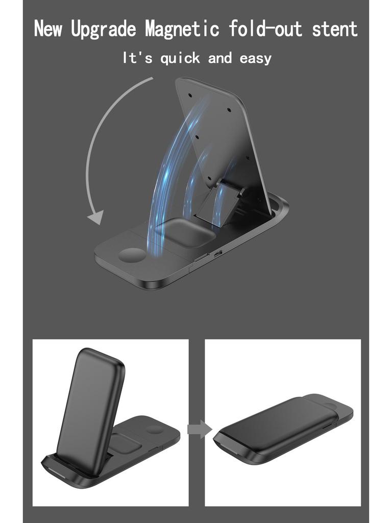 15W Foldable 3-in-1 Wireless Charger for Apple Phones, Watches, and Earbuds