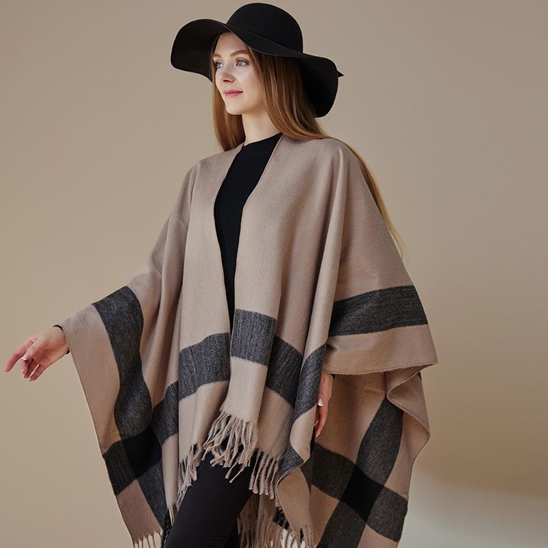 Striped Shawl Women'S Cloak Knitted Office Blanket Warm Fringed Cloak