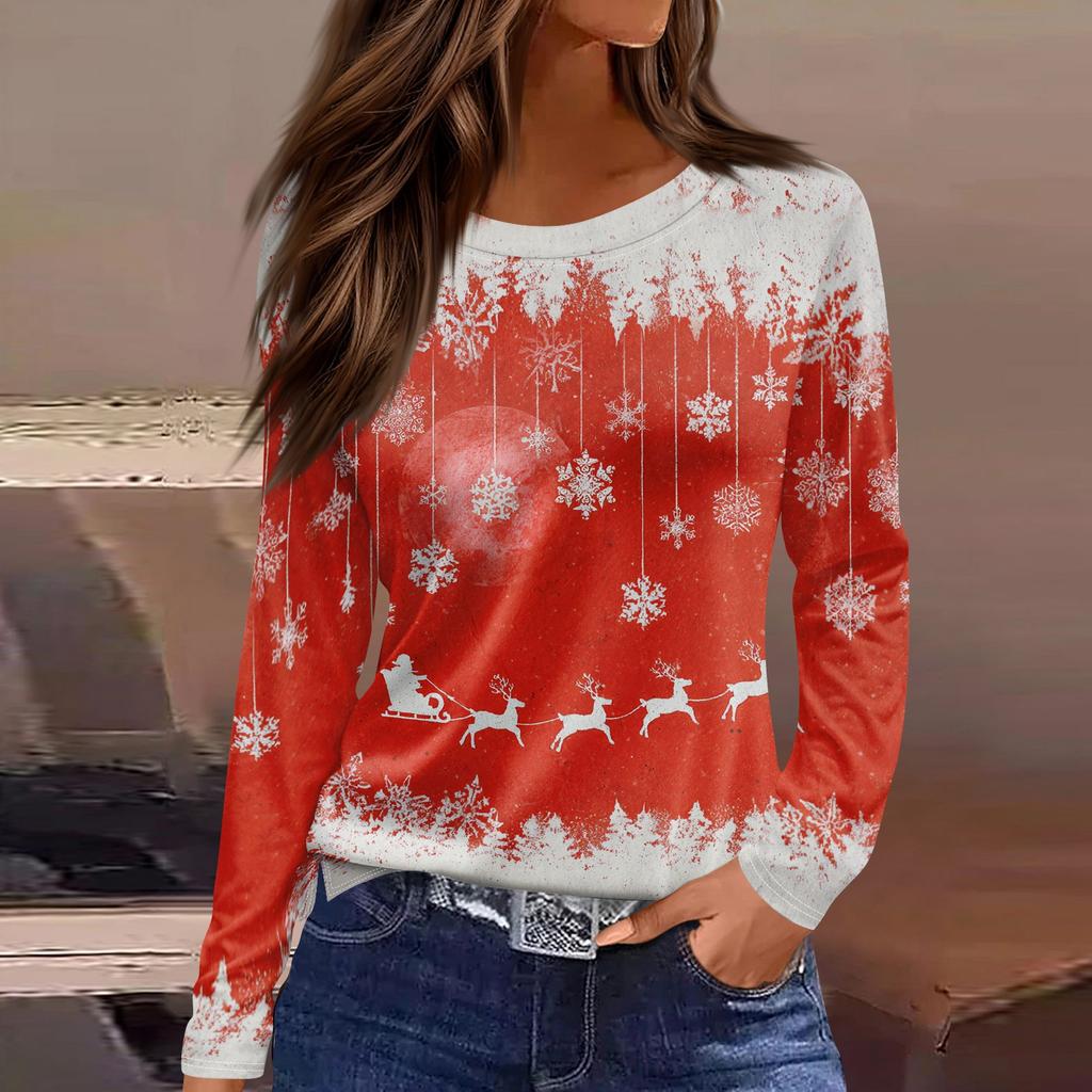 Women's Fashion Casual Slit Hem Round Neck Long Sleeve Loose Printed T-Shirt Ladies Top Christmas