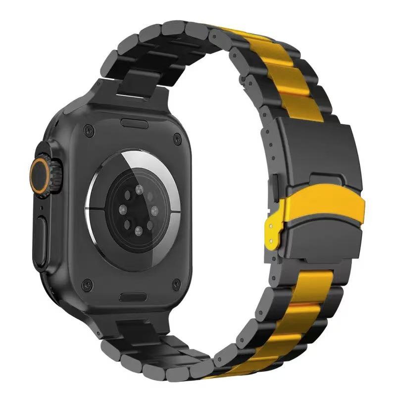 Three-Bead Steel Band Buckle Strap for Apple Watch, Compatible with All iWatch Generations, Stainless Steel.