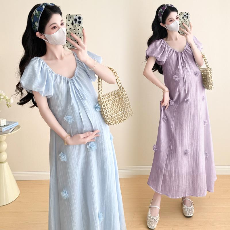2026 Summer Korean Style Puff Sleeve Knee-Length Maternity Dress