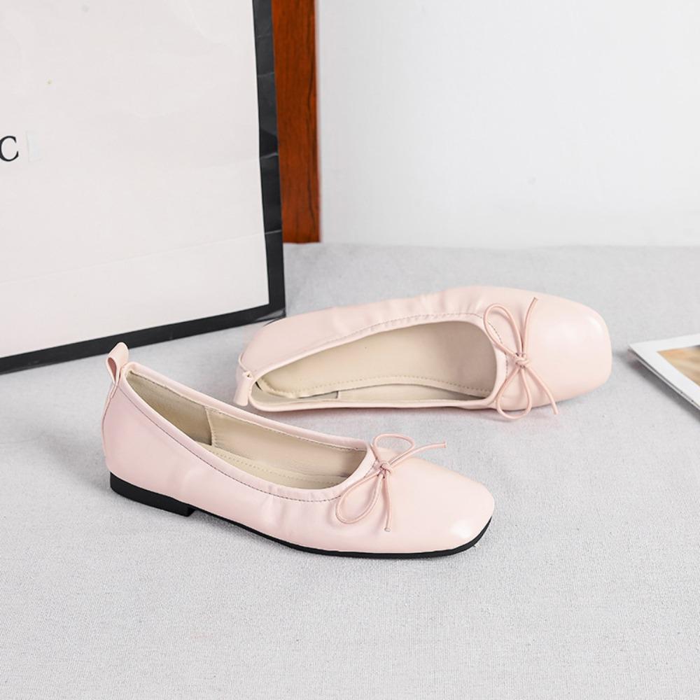 Flat Shoes Women Plus Size 44 Spring Square Head Shallow Mouth Single Shoes Flat Sole Versatile Soft Sole Bow Women's Shoes