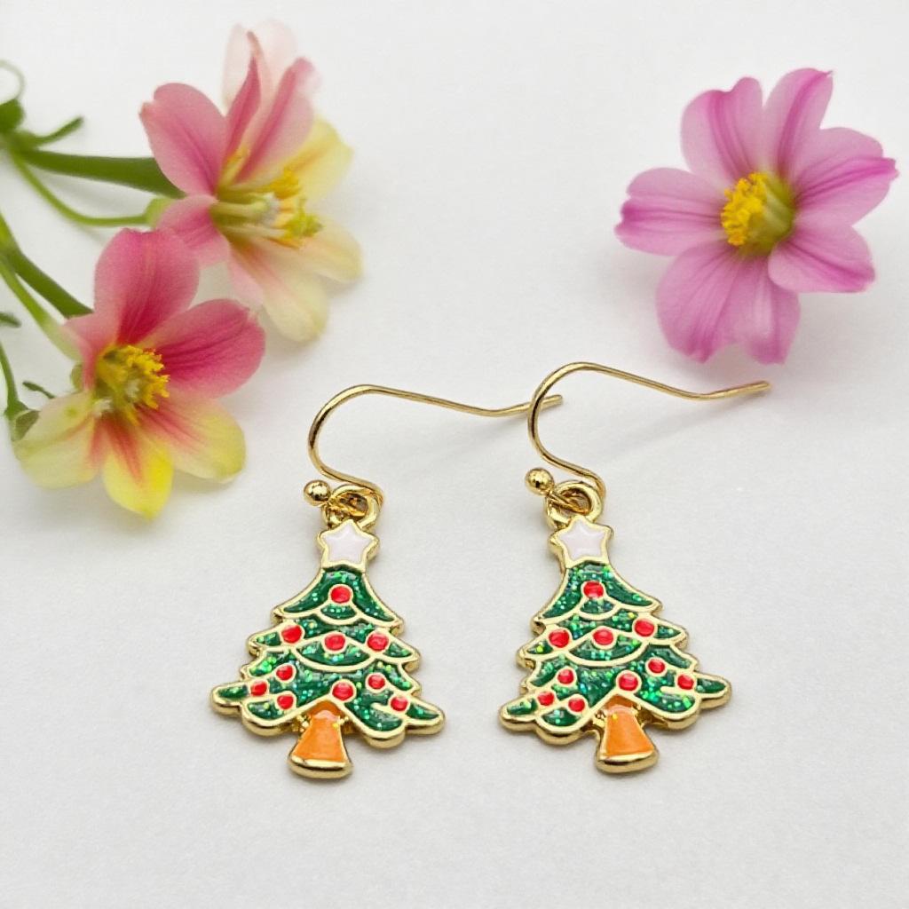 Sparkling Christmas Tree Beaded Hook Earrings: European & American Drip Oil with Glitter
