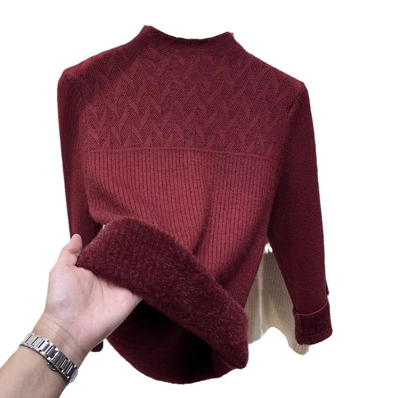 Dámský svetr s vysokým límcem Teplé sametové základní tričko Volný top Pletený svetr