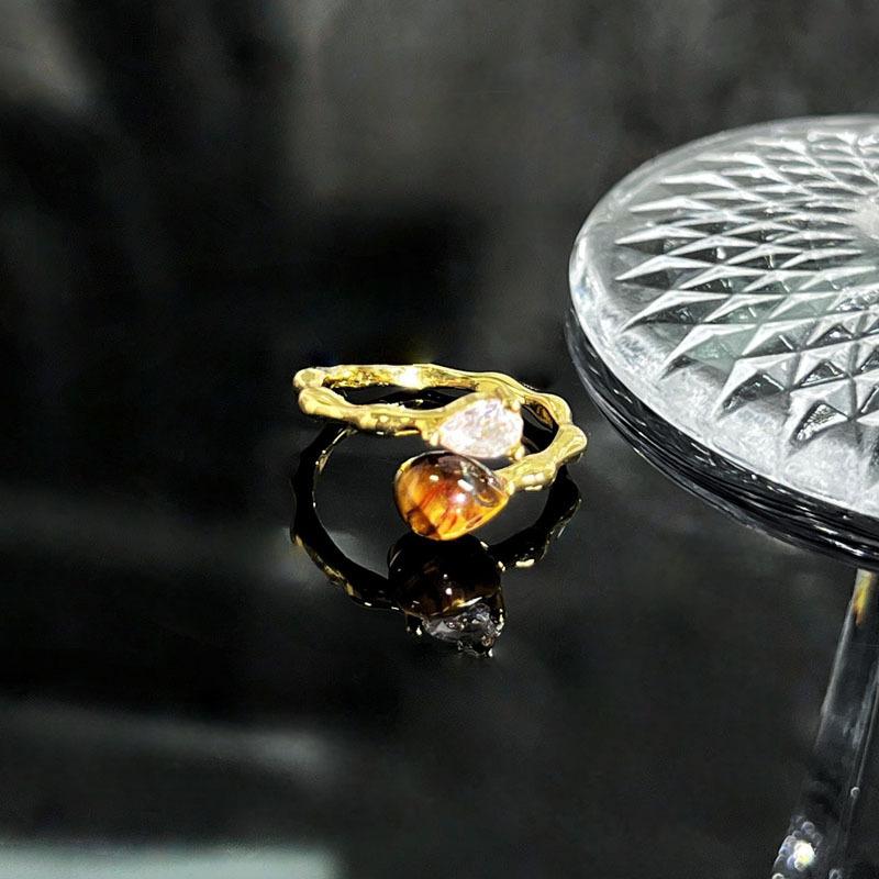 Autumn and Winter Advanced Sense Adjustable Index Finger Ring Niche Maillard Tiger's Eye Stone Gold Ring Women's Light Luxury Stacked Ring